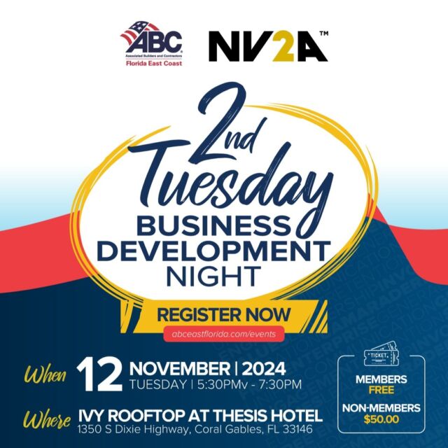 📣 Let's wrap up the year together! NV2A is proud to sponsor the final 2nd Tuesday BD Night of the year hosted by ABC! Join us for an unforgettable evening of networking, connection, and celebration with construction industry colleagues and friends.

📅 Mark your calendar! November 12th, 5:30 - 7:30 PM
📍 Location: The IVY Rooftop at the Thesis Hotel
🎟️ Register now to secure your spot: Get Tickets Here
https://abceastflorida.regfox.com/abctuesday111224

Don’t miss this chance to grow your network, build relationships, and celebrate another year of accomplishments. Let’s make this one to remember!
#NV2A #NetworkingNight #ConstructionIndustry #Miami